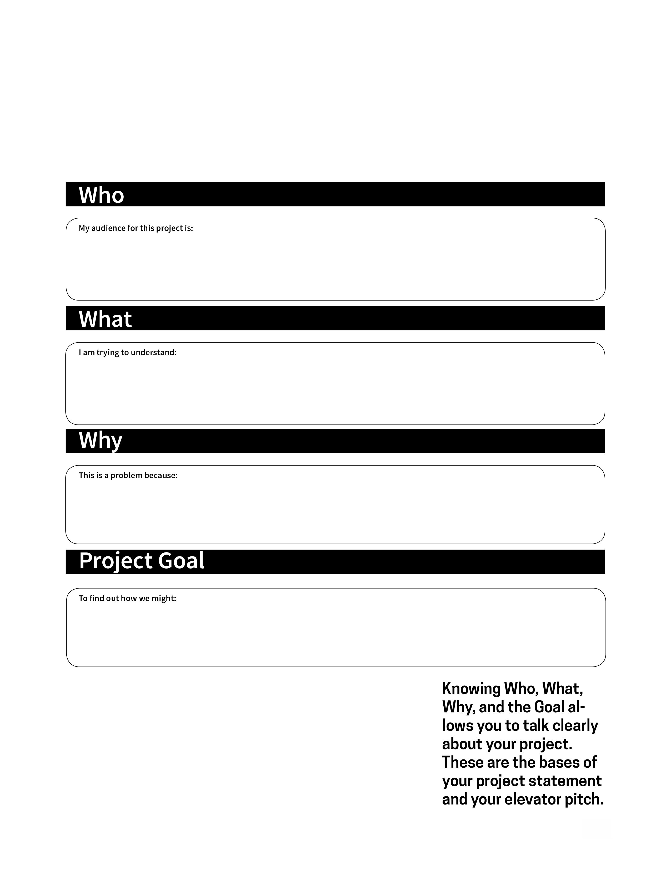 Framework for stating the Who, What, Why, and Project Goal of your work.