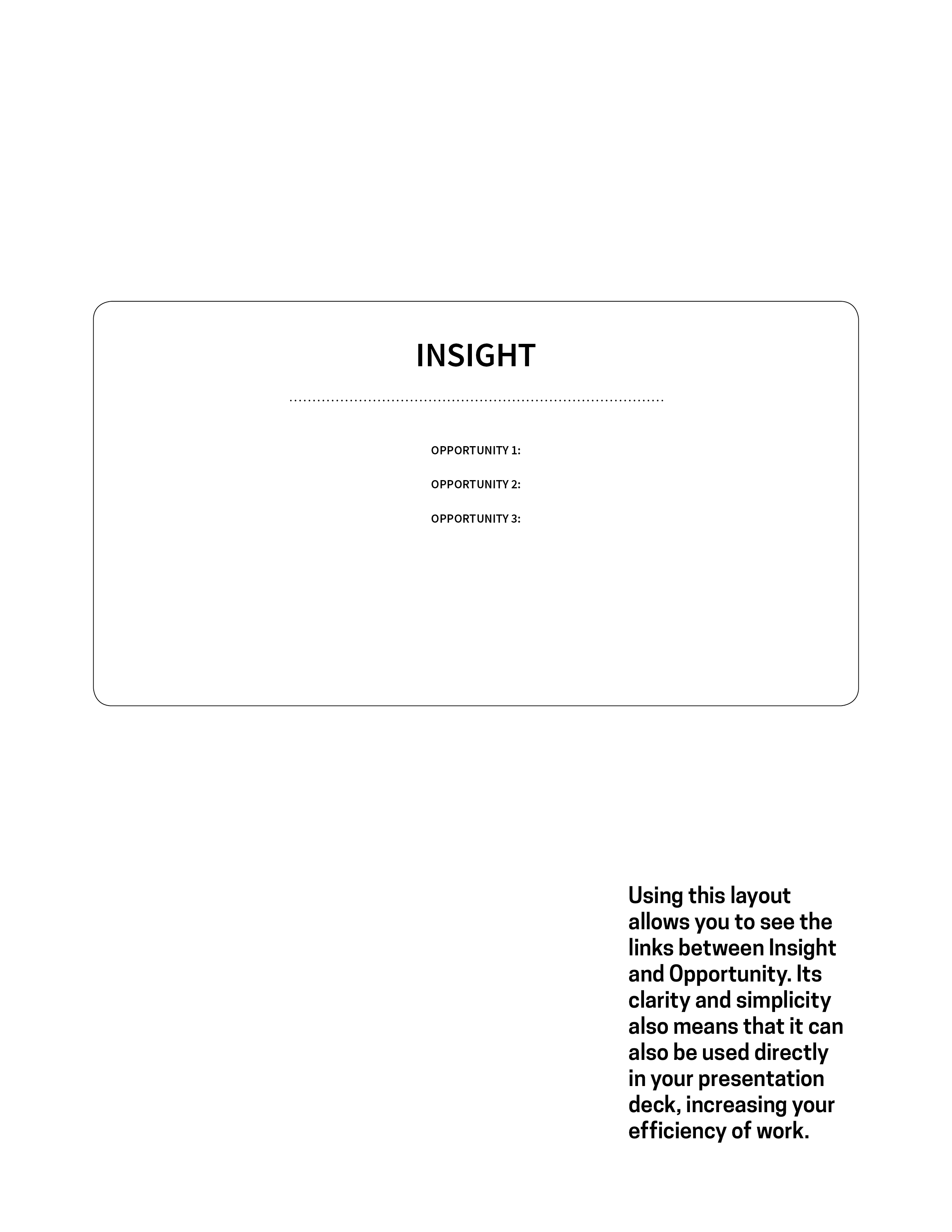Diagrammatic illustration of finding opportunities. In-image caption reads: IUsing this layout allows you to see the links between Insight and Opportunity. Its clarity and simplicity also means that it can also be used directly in your presentation deck, increasing your efficiency of work.">